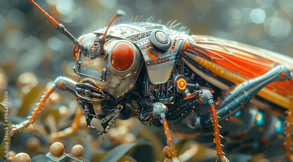 Poster A close-up shot of a robotic insect with intricate details and glowing lights, set against a blurred background of green foliage and bokeh. The image evokes a sense of futuristic technology and the