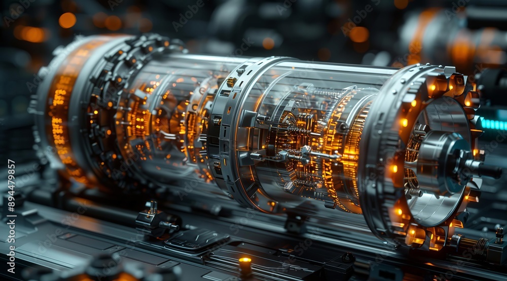 Poster A close-up shot of a futuristic technology engine with intricate gears and glowing lights. The engine is encased in glass, revealing the complex inner workings. The image is rendered in a high level