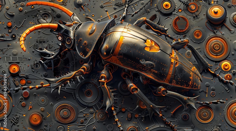 Poster A 3D rendering of a beetle with steampunk elements, featuring intricate details and a dark, industrial aesthetic. The beetle's body is adorned with gears, cogs, and other mechanical components, crea