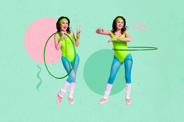 Creative trend collage of funny girl sportswoman hulahoop training fitness freak bizarre unusual...