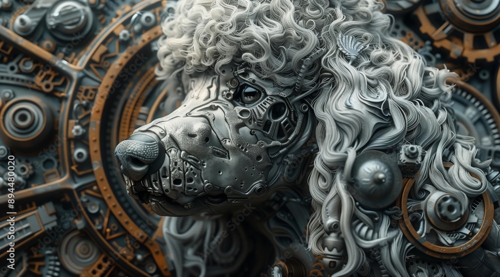 Aufkleber A close-up image of a poodle's face transformed into a steampunk design. The dog's fur is depicted as intricate gears and cogs, adding a futuristic twist to this classic breed. The image is rendered