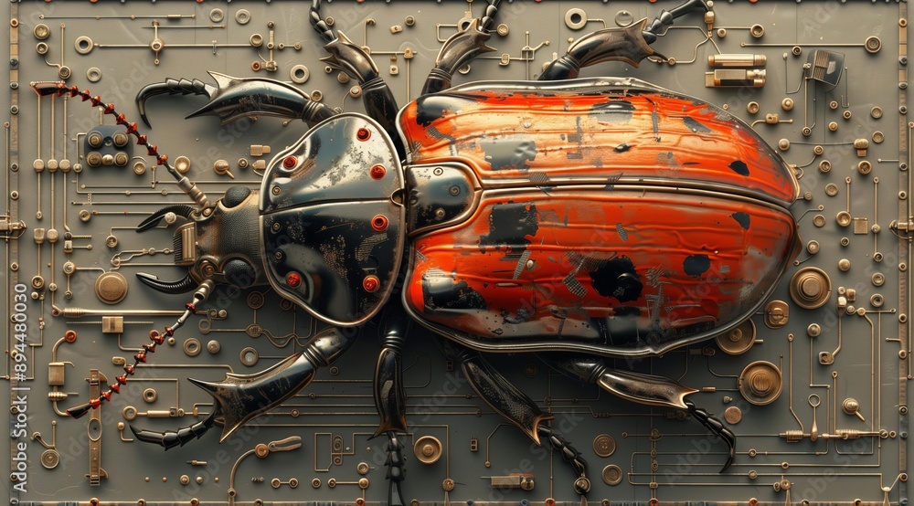 Poster this 3d illustration depicts a stylized steampunk beetle perched atop a circuit board, its body ador