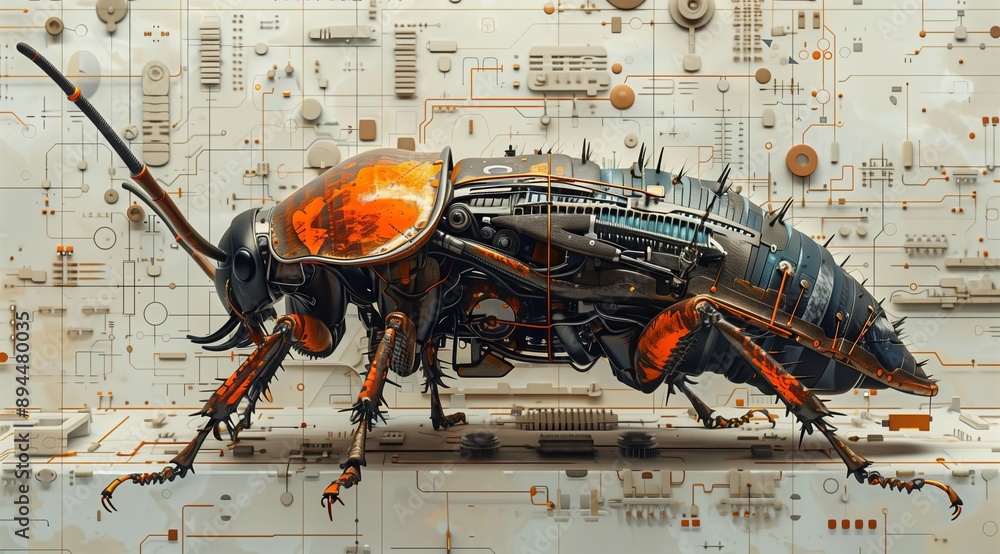 Poster a futuristic cockroach with intricate mechanical details, set against a backdrop of circuit boards a