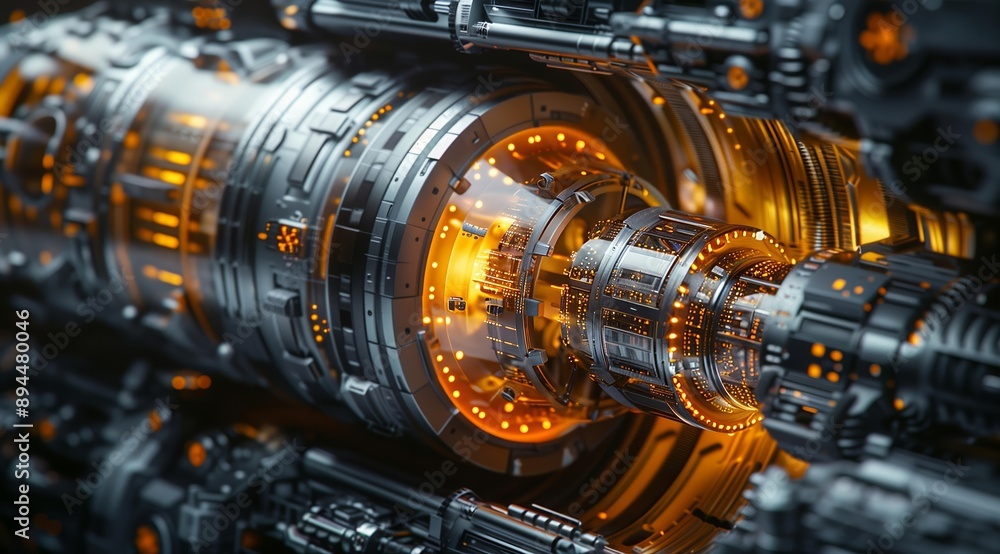 Poster a close-up view of the interior of a futuristic machine, showcasing intricate gears, glowing lights,