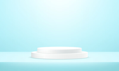 Blue studio room background. Blue background vector 3d with white podium. Empty room with light effect. Space for selling products on the website. Round stage for showcase.Vector illustration.