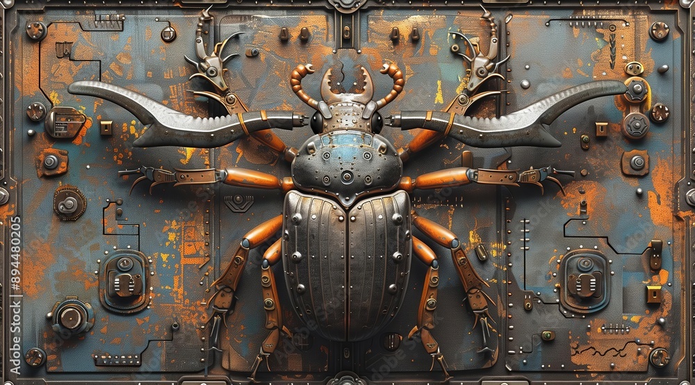 Poster a digital illustration of a steampunk beetle. the beetle is made of metal and gears and has a rusty,
