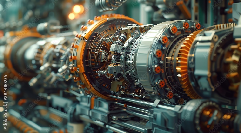 Poster a close-up shot of a futuristic machine with complex gears, intricate details, and a metallic and or