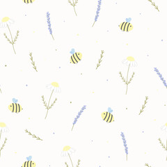 Vector seamless pattern with bees, lavender and chamomile. For wallpapers, decoration, invitation baby shower, fabric, textile and linen, print clothes and pajamas, gift and wrapping paper