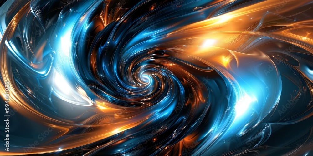 Poster dynamic abstract image showcasing swirling motion of blue and orange light waves in a mesmerizing pa