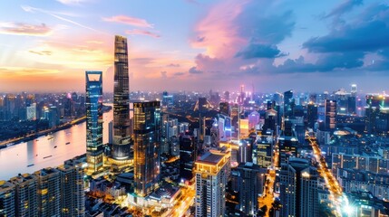 Fototapeta premium Urban skyline at sunset with skyscrapers and a colorful sky -