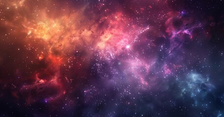 Obraz premium Vibrant Nebula in Space with Stars and Galaxies, Deep Purples to Bright Blues and Reds, Ethereal Atmosphere, Bright Star Cluster