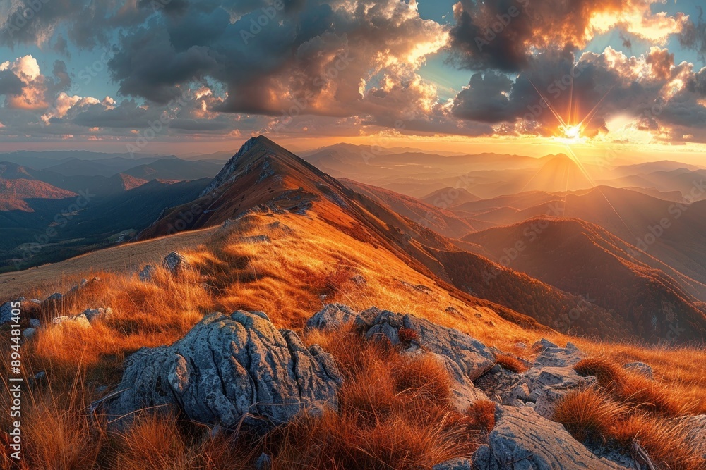 Wall mural sunset mountains landscape, hills in wildflowers, autumn colors, golden hour, panoramic view