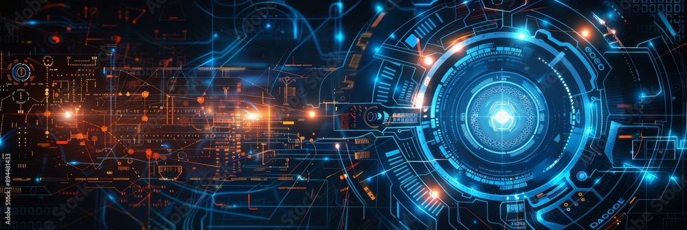 Poster an abstract cyber space with digital circuits, a neural network core, and futuristic tech creating a