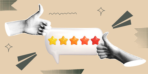 Feedback background with halftone hand and 3d star. Speech bubble with halftone element. Contemporary design with texture hand. Vector illustration