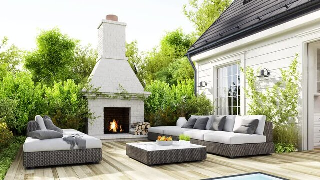 Cozy patio area with garden furniture and outdoor fireplace