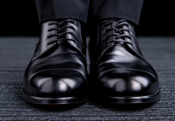 Elegant black leather dress shoes on a textured floor