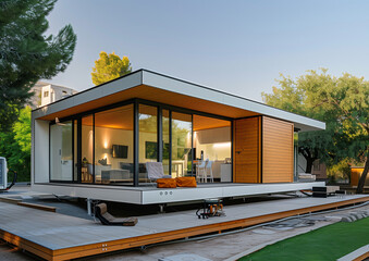 Fototapeta premium a modern modular home constructed from shipping containers, mobile, house, captivating, Shipping Container Tiny Home, steel containers, supreme quality, superior lighting