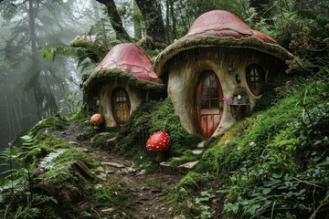 Discover the enchanting world of mystical and magical mushroom homes nestled within the lush and misty woodland of the enchanted forest, creating a surreal and dreamlike fairytale landscape
