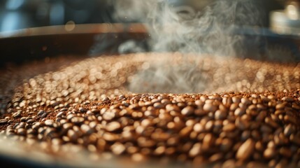 A vibrant image of steaming roasted coffee beans in a roaster, capturing the intense aroma, the heat of the process, and the essence of freshly prepared coffee beans.