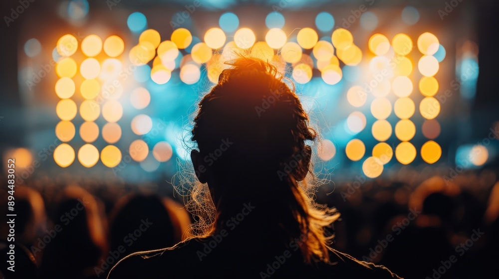 Poster the back view of an individual at a concert, surrounded by a crowd, focuses on vibrant stage lights 