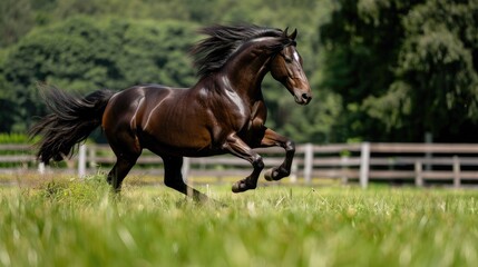 Obraz premium Majestic stallion rearing up in a grassy field, its powerful muscles and flowing mane creating a dramatic image