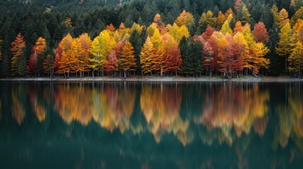 Obraz premium A breathtaking view of vibrant autumn trees perfectly reflecting on a calm lake surface, capturing the essence of seasonal transition and natural beauty in a mirrored display.