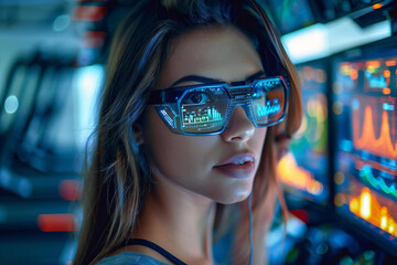 Beautiful woman in stylish glasses and well-groomed beard employee using AI holographic screens to track nutrition