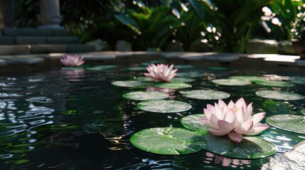 Meditation garden with a pond, lotus flowers, and serene atmosphere