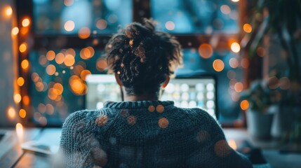 Fototapeta premium A person sits at a computer in a warmly lit room adorned with festive, glowing lights, symbolizing focus, creativity, and the holiday spirit, while engaging in work or study.