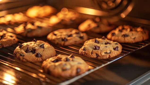 freshly baked chocolate chip cookies in oven