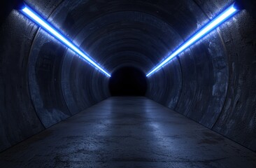 Futuristic underground tunnel with blue neon lights