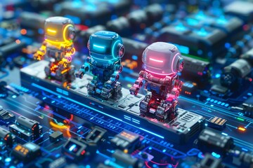 Colorful holographic AI robots collaborating to maintain balance on a futuristic digital seesaw over a vibrant blue interface.