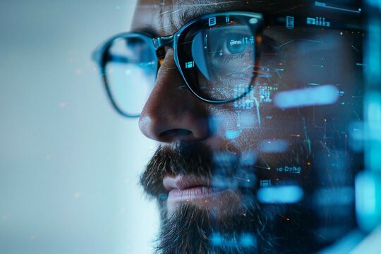 New holographic screens display e-invoices and calculations with beautiful individuals wearing eyeglasses and a well-groomed beard against a futuristic white background.