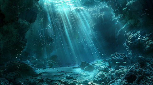 1. Explore the depths of the underwater sea in a.k.h_3520, where the deep water abyss is illuminated by ethereal blue sunlight.

2. Delve into the mysterious depths of a.k.h_3520's underwater sea, whe