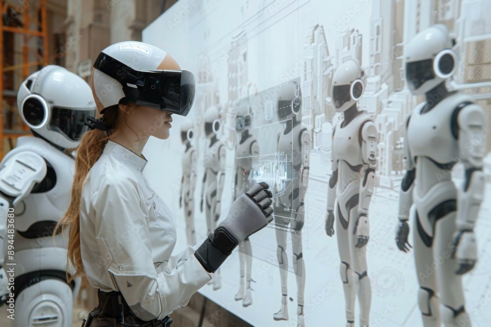 Poster beautiful architect using ai-powered holographic screen to digitally design a futuristic cityscape o