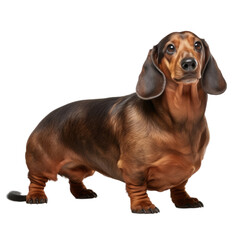Adorable and curious Dachshund dog with brown fur looking away and isolated on transparent background, png file.