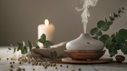 Bougie allumée et diffuseur en céramique avec eucalyptus et pois