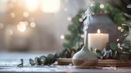 Bougie allumée et diffuseur en céramique avec eucalyptus en décoration