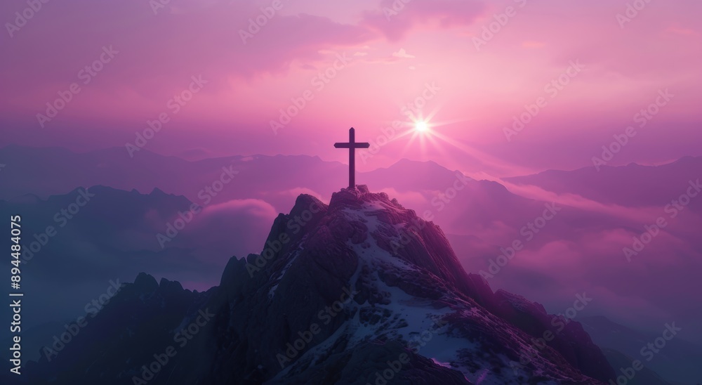 Poster Majestic cross on snowy mountain peak at sunset