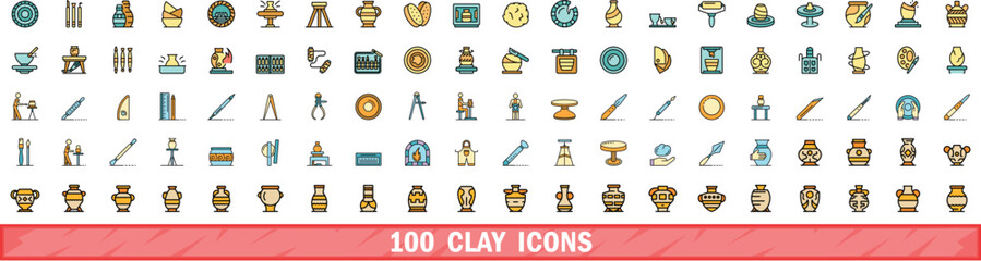 100 clay icons set. Color line set of clay vector icons thin line color flat on white