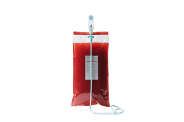 Medical blood bag with label and dropper tube, medical equipment for blood transfusion isolated on white background, PNG file.