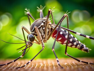 Extreme close-up of a deadly aedes aegypti mosquito, vector of zika virus, showcasing its razor-sharp proboscis and distinctive white stripes on its body.