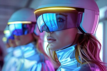 Beautiful people in stylish glasses interact with holographic screens to make cashless transactions in a futuristic cashless society.