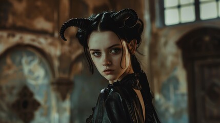 Fototapeta premium Mysterious woman with horns in dark room