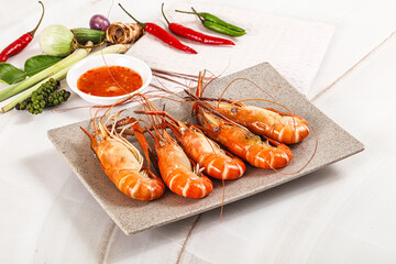 Boiled tiger prawn with sauce