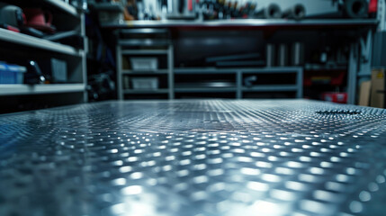 A close-up shot of the metal table in an automotive workshop, with tools and parts on shelves behind it
