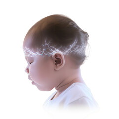 Newborn baby with light on the head isolated on white background. Concept of brain development and growth in infants.