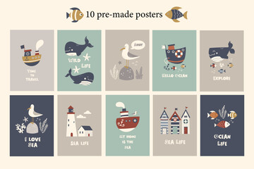 Nautical vector clipart. Set of Baby cards. Children's collection includes cute boats, lighthouse, whale, fish, seagull, beach houses, inscriptions. Collection in Scandinavian style.