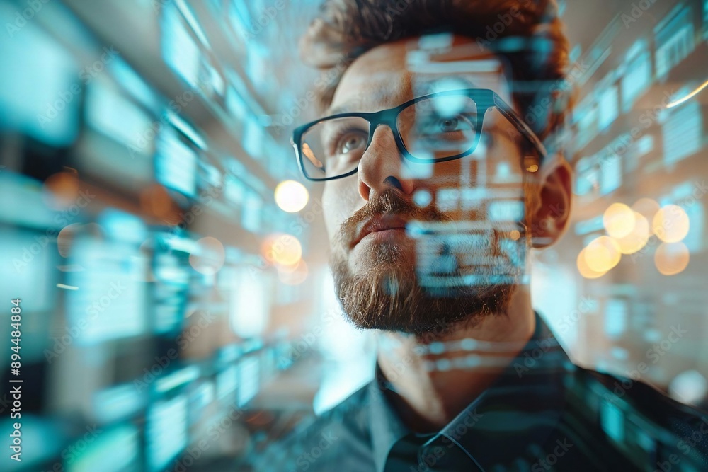 Aufkleber futuristic holographic screens display multiple virtual invoices being calculated by a beautiful mal