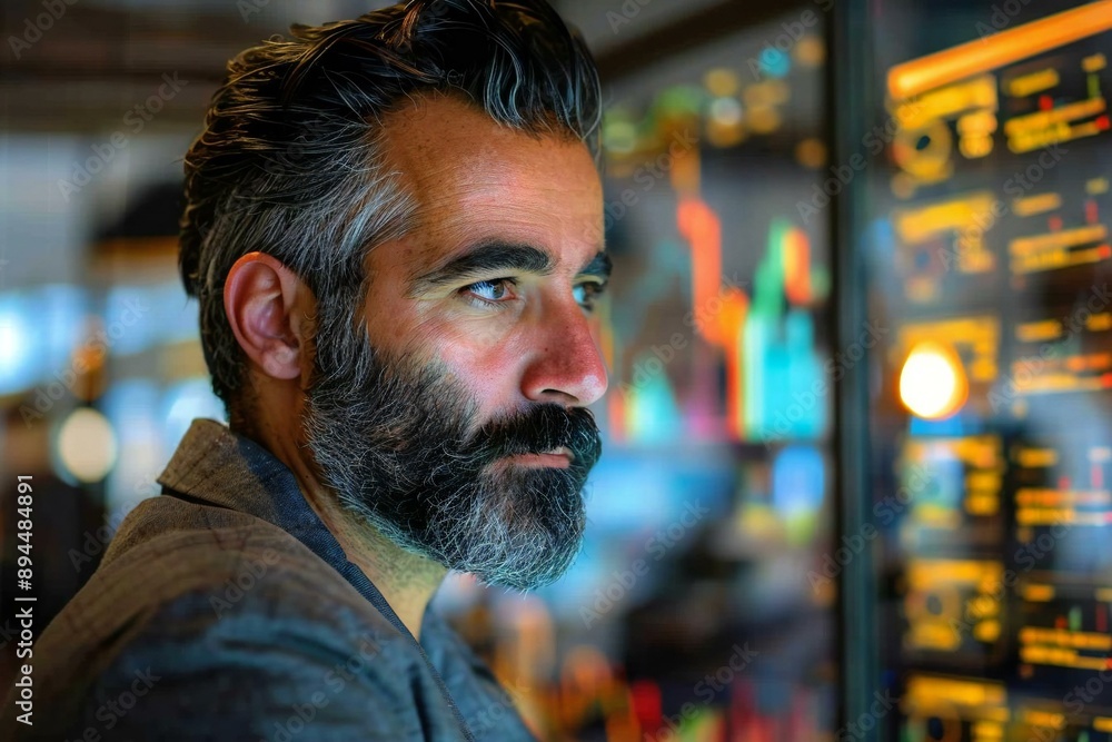Poster handsome executive with a well-groomed beard using ai to analyze data on a holographic screen in a f